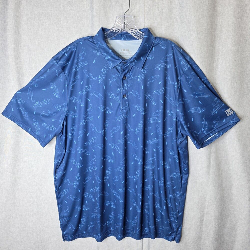 Huk Men XXL Pursuit Performance Fishing Polo Shirt Blue Truck Fish Novelty AOP